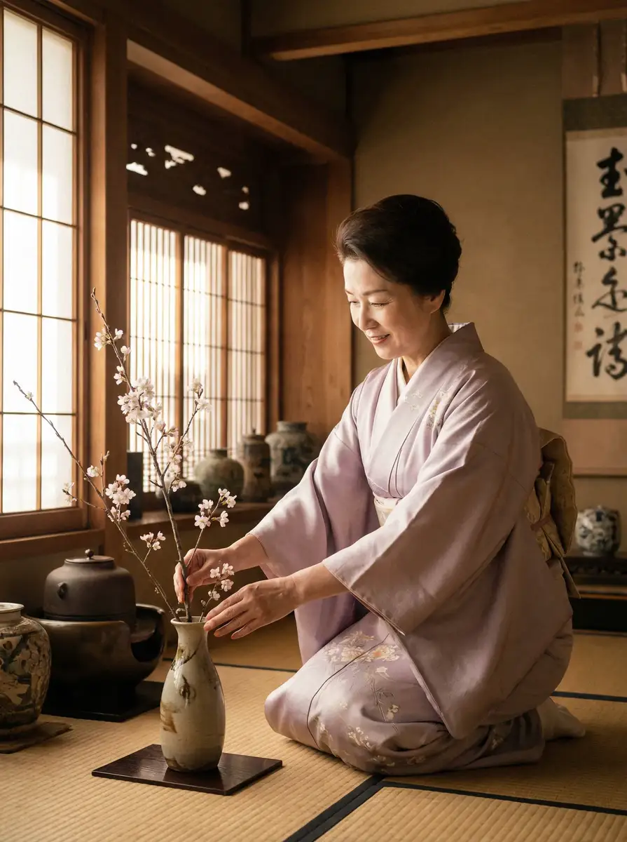 一位优雅的 夫妻的世界 在和室中插花